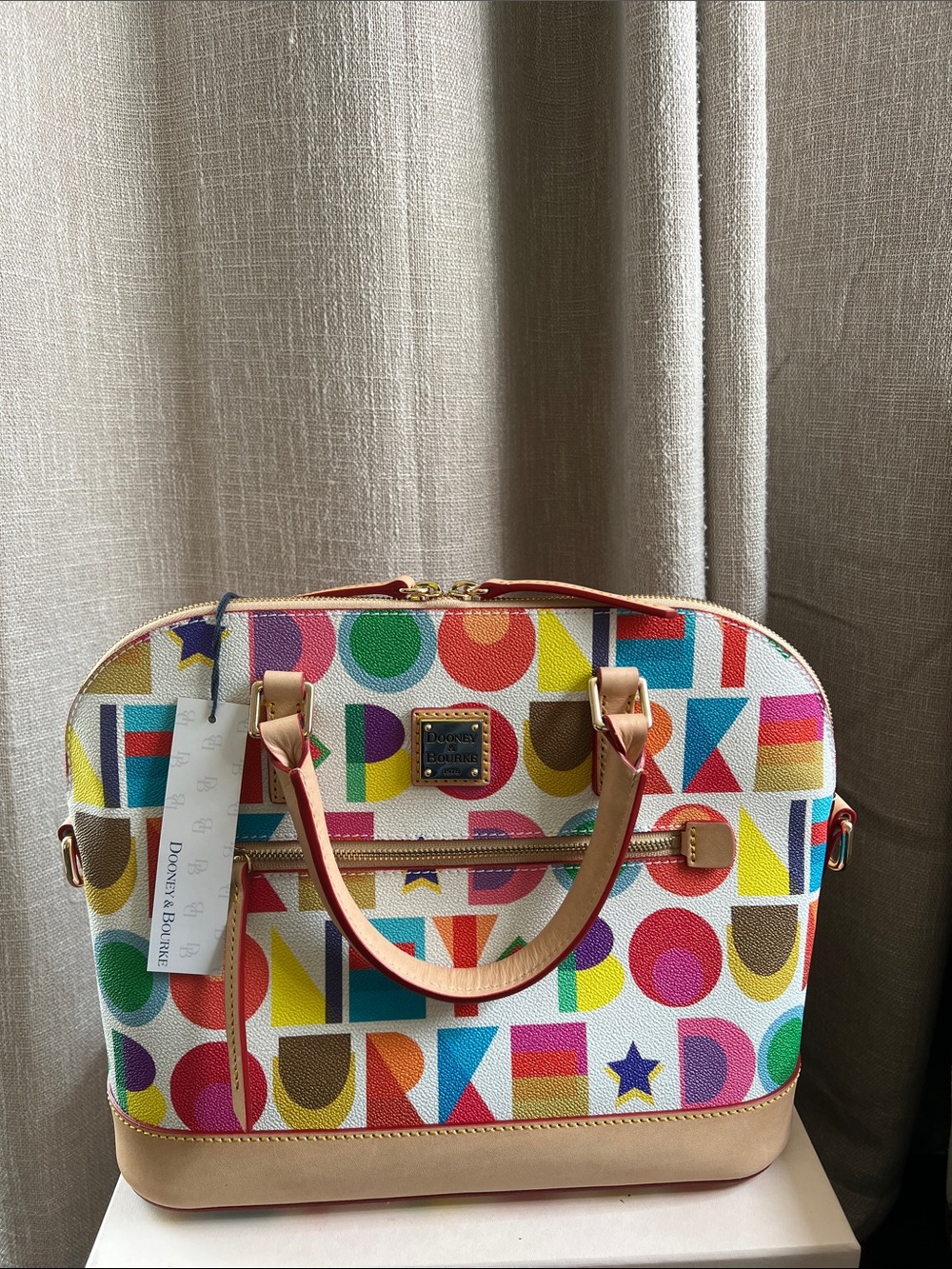 Dooney & Bourke Multicolor Art Deco Logo Dome Satchel with Tan Trim🍋🍎🍓